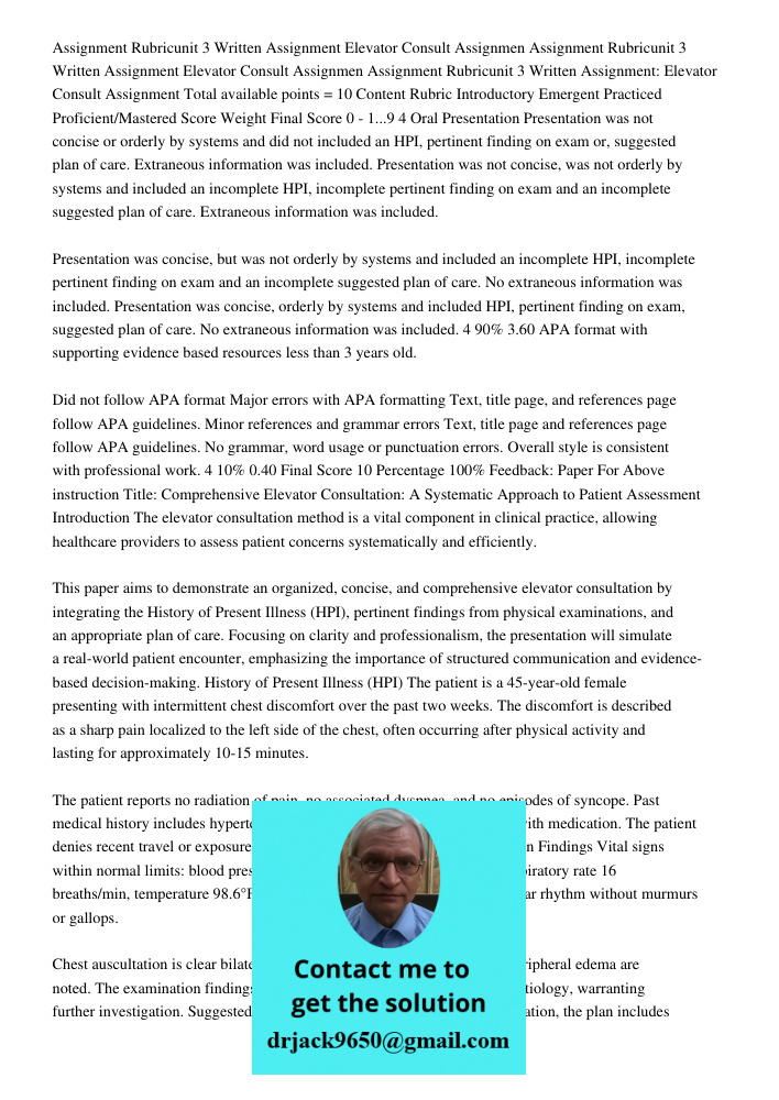 Assignment Rubricunit 3 Written Assignment: Elevator Consult Assignment Total available points = 10 Content Rubric Introductory Emergent Practiced Proficient/Ma