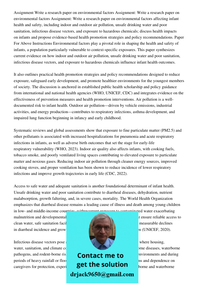 Assignment: Write a research paper on environmental factors affecting infant health and safety, including indoor and outdoor air pollution, unsafe drinking wate