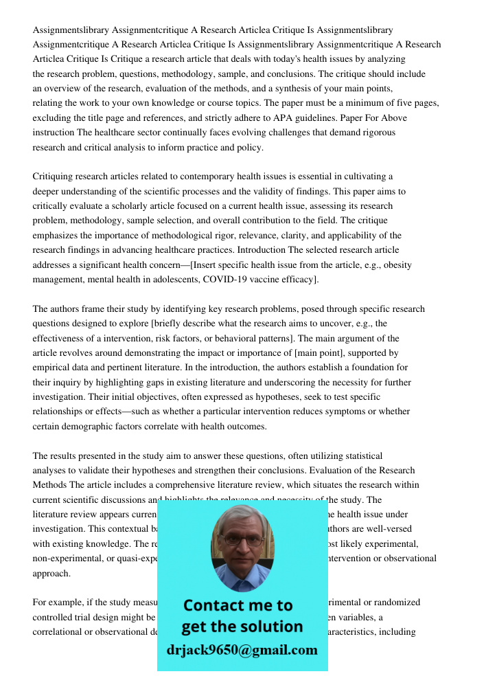 Assignmentslibrary Assignmentcritique A Research Articlea Critique Is Critique a research article that deals with today's health issues by analyzing the researc