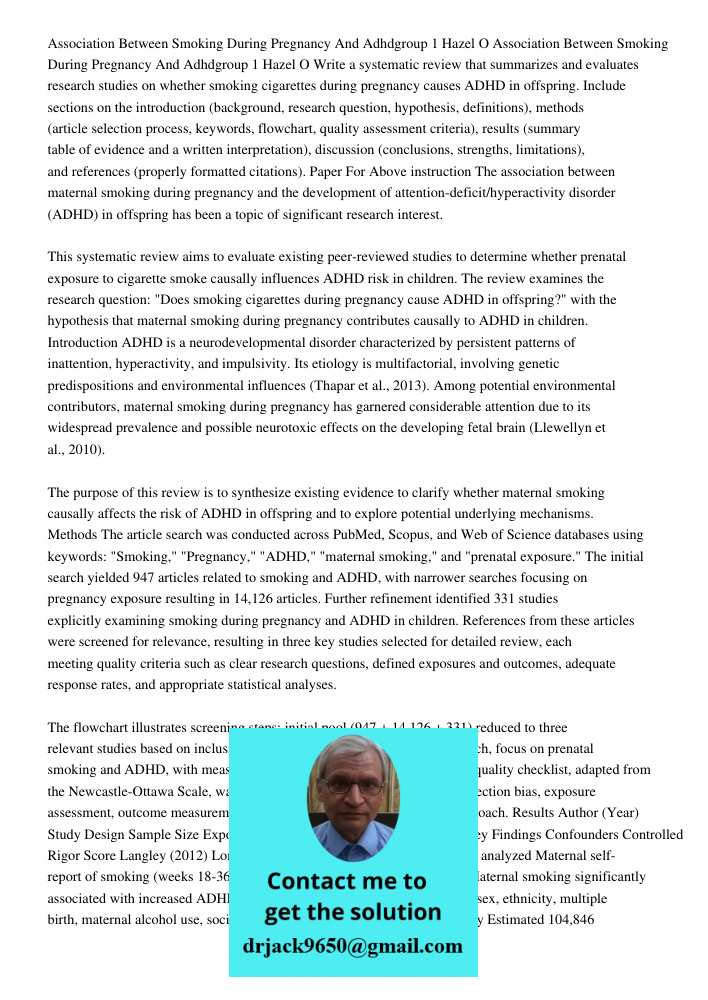 Write a systematic review that summarizes and evaluates research studies on whether smoking cigarettes during pregnancy causes ADHD in offspring. Include sectio