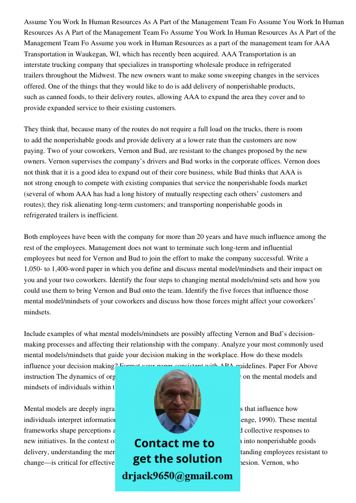 Assume You Work In Human Resources As A Part of the Management Team Fo Assume you work in Human Resources as a part of the management team for AAA Transportatio