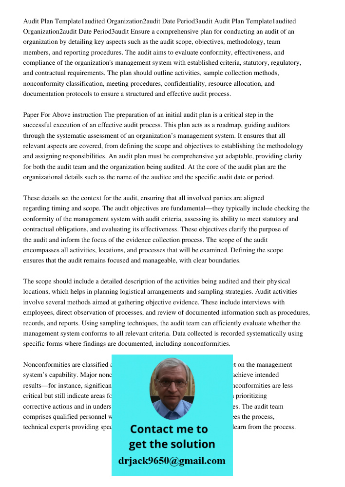 Ensure a comprehensive plan for conducting an audit of an organization by detailing key aspects such as the audit scope, objectives, methodology, team members, 
