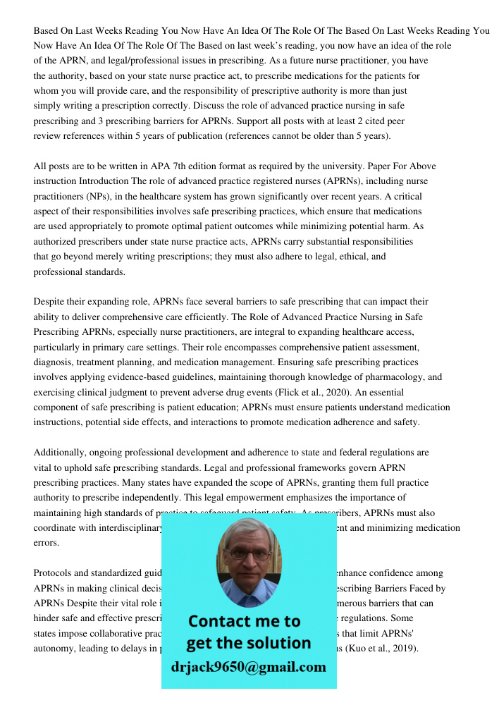 Based on last week’s reading, you now have an idea of the role of the APRN, and legal/professional issues in prescribing. As a future nurse practitioner, you ha