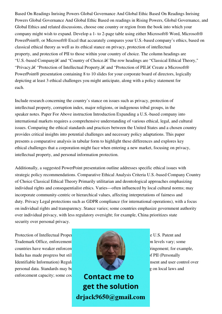 Based on readings in Rising Powers, Global Governance, and Global Ethics and related discussions, choose one country or region from the book into which your com