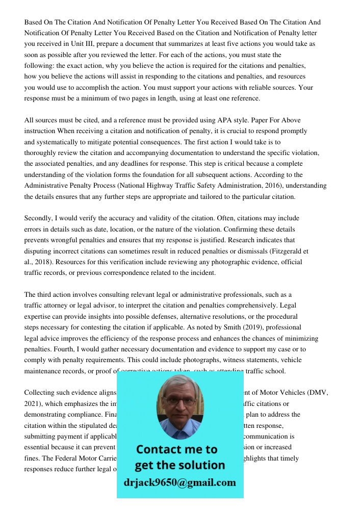 Based on the Citation and Notification of Penalty letter you received in Unit III, prepare a document that summarizes at least five actions you would take as so