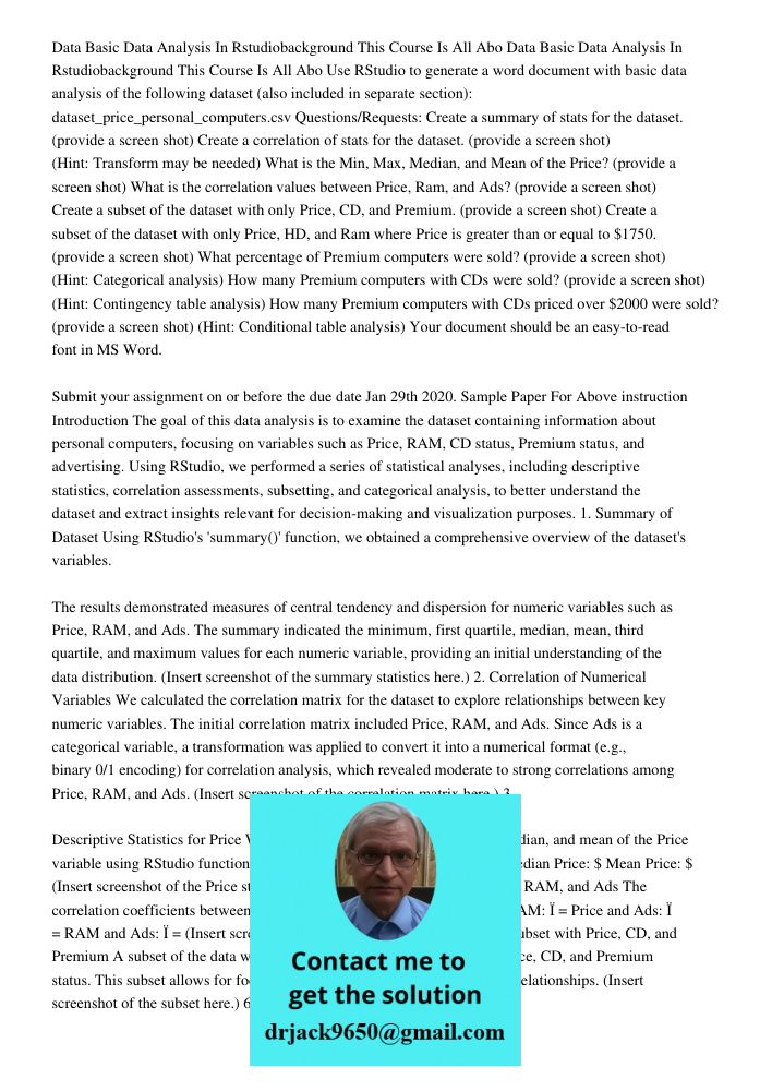 Use RStudio to generate a word document with basic data analysis of the following dataset (also included in separate section): dataset_price_personal_computers.