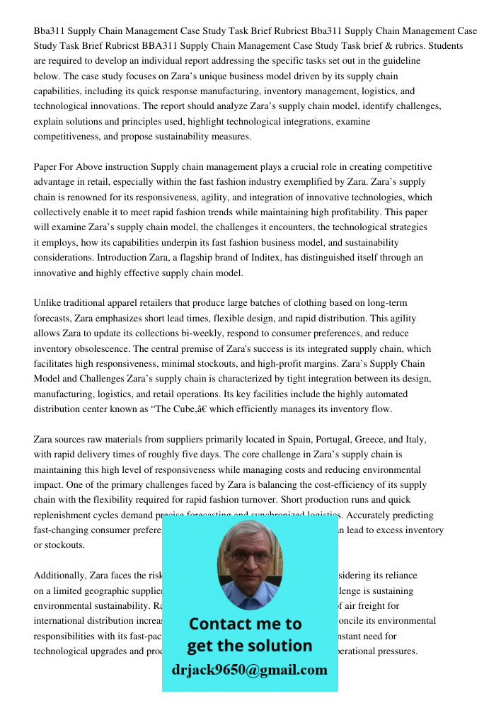 BBA311 Supply Chain Management Case Study Task brief & rubrics. Students are required to develop an individual report addressing the specific tasks set out in t