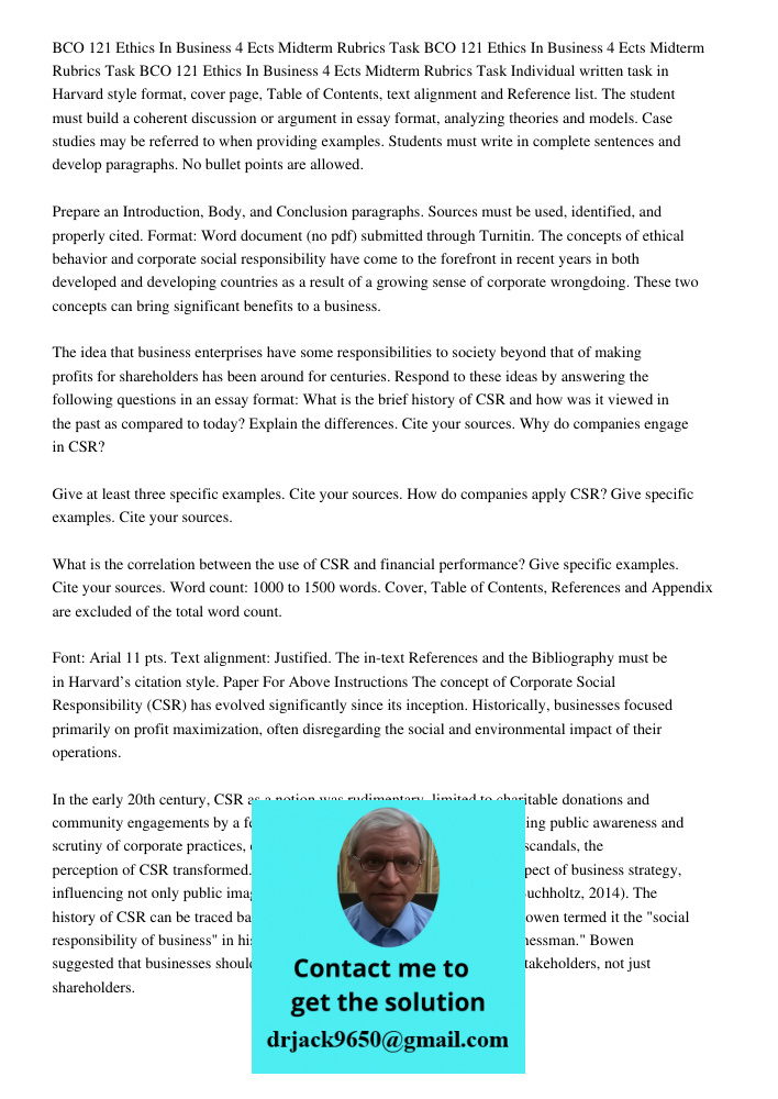 BCO 121 Ethics In Business 4 Ects Midterm Rubrics Task Individual written task in Harvard style format, cover page, Table of Contents, text alignment and Refere