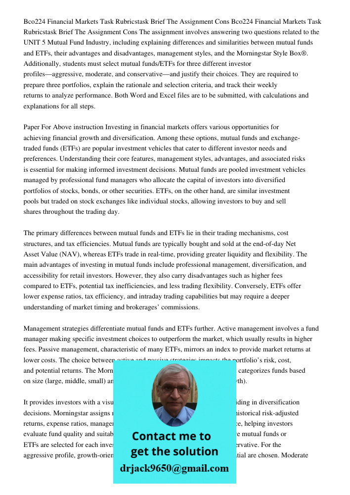 The assignment involves answering two questions related to the UNIT 5 Mutual Fund Industry, including explaining differences and similarities between mutual fun