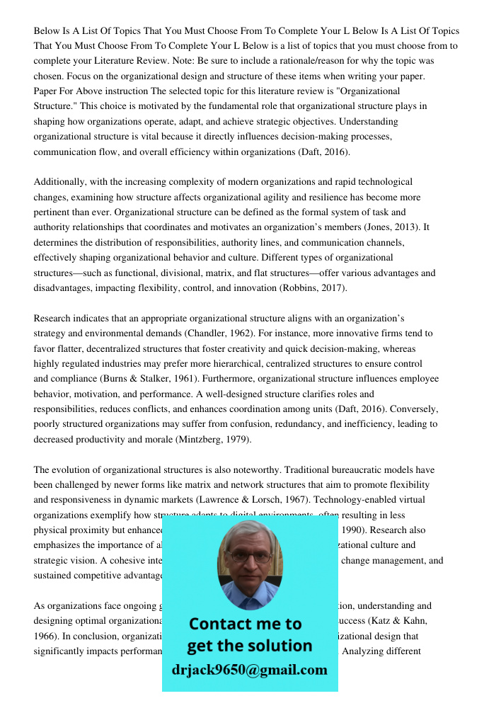 Below is a list of topics that you must choose from to complete your Literature Review. Note: Be sure to include a rationale/reason for why the topic was chosen