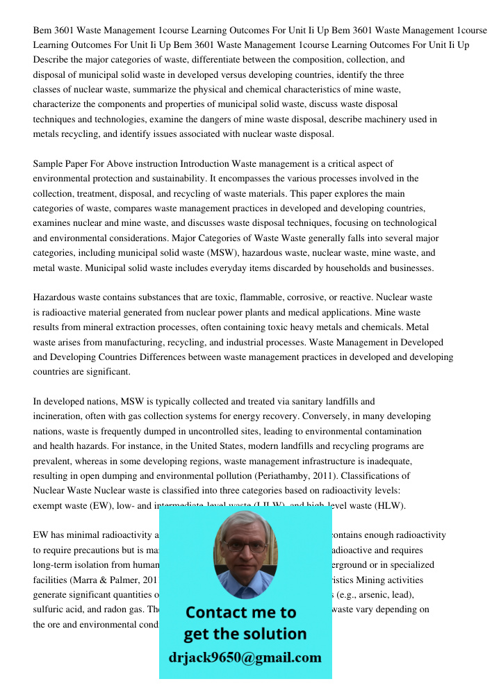 Bem 3601 Waste Management 1course Learning Outcomes For Unit Ii Up Describe the major categories of waste, differentiate between the composition, collection, an