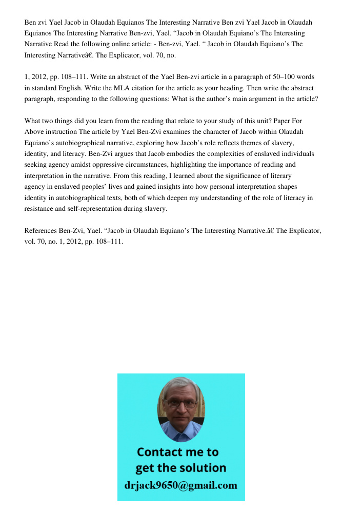 Ben zvi Yael Jacob in Olaudah Equianos The Interesting Narrative Read the following online article: - Ben-zvi, Yael. “ Jacob in Olaudah Equiano’s The Interestin