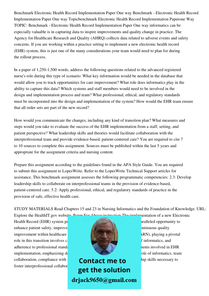 Topicbenchmark Electronic Health Record Implementation Paperone Way TOPIC: Benchmark - Electronic Health Record Implementation Paper One way informatics can be 