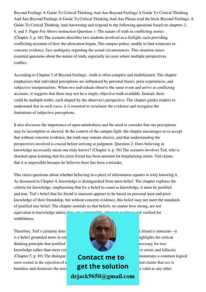 Beyond Feelings A Guide To Critical Thinking And Ans Please read the book Beyond Feelings: A Guide To Critical Thinking And Answering and respond to the followi