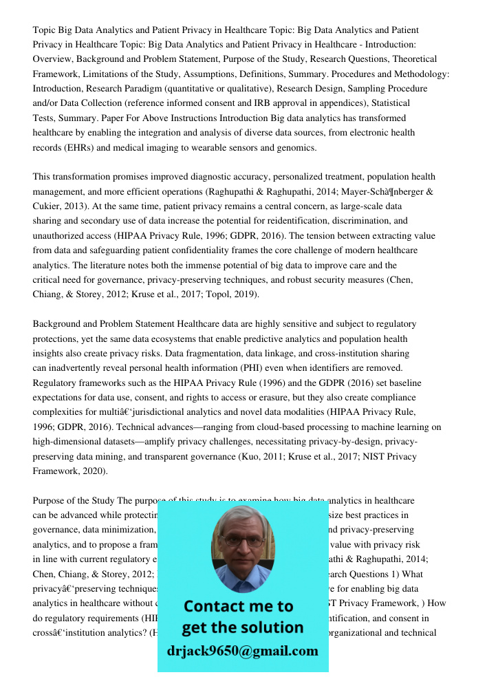 Topic: Big Data Analytics and Patient Privacy in Healthcare - Introduction: Overview, Background and Problem Statement, Purpose of the Study, Research Questions