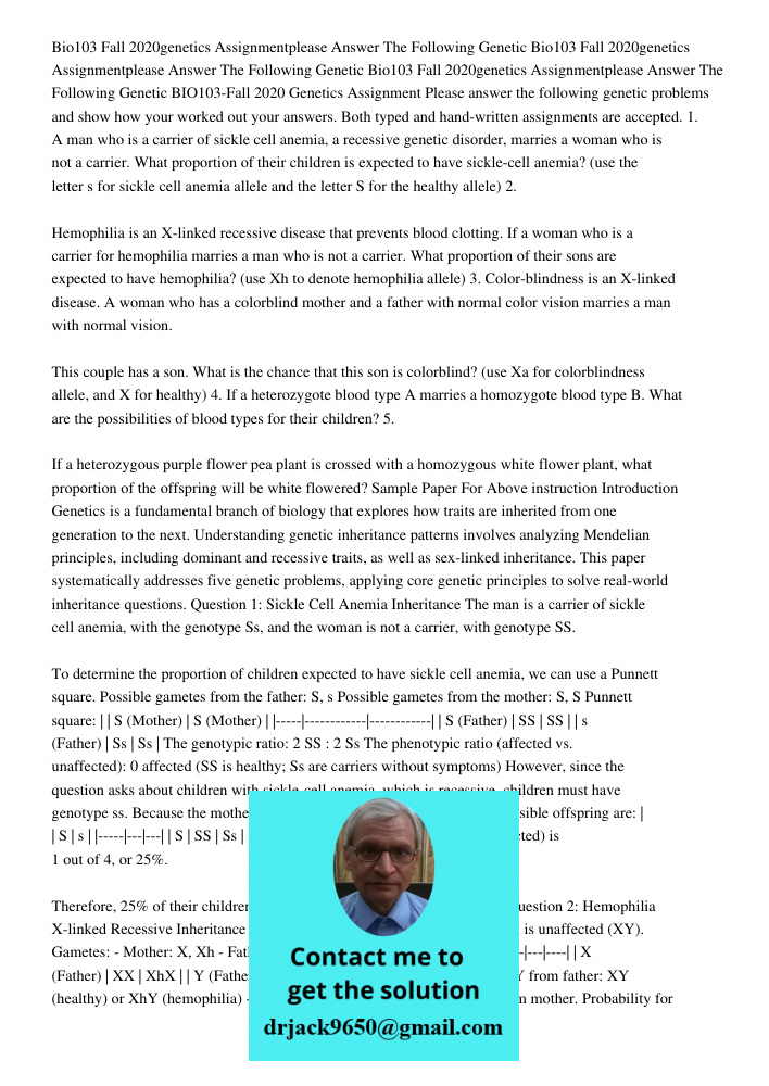 Bio103 Fall 2020genetics Assignmentplease Answer The Following Genetic BIO103-Fall 2020 Genetics Assignment Please answer the following genetic problems and sho