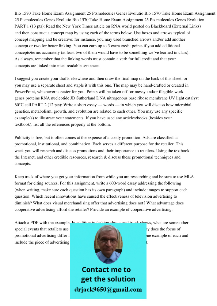 Bio 1570 Take Home Exam Assignment 25 Pts molecules Genes Evolution PART 1 (13 pts): Read the New York Times article on RNA world posted on Blackboard (External