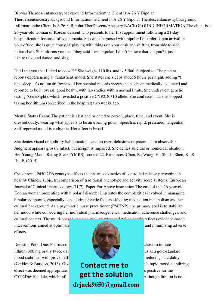 Bipolar Therdescentancestrybackground Informationthe Client Is A 26 Y Bipolar TherDescent/Ancestry BACKGROUND INFORMATION The client is a 26-year-old woman of K