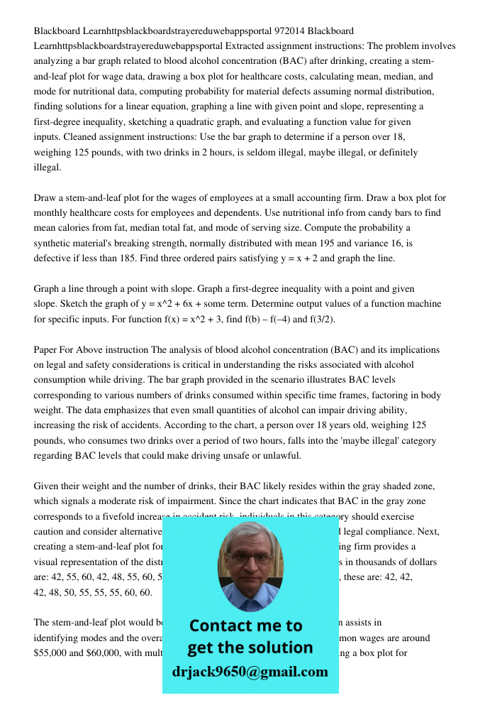 Extracted assignment instructions: The problem involves analyzing a bar graph related to blood alcohol concentration (BAC) after drinking, creating a stem-and-l