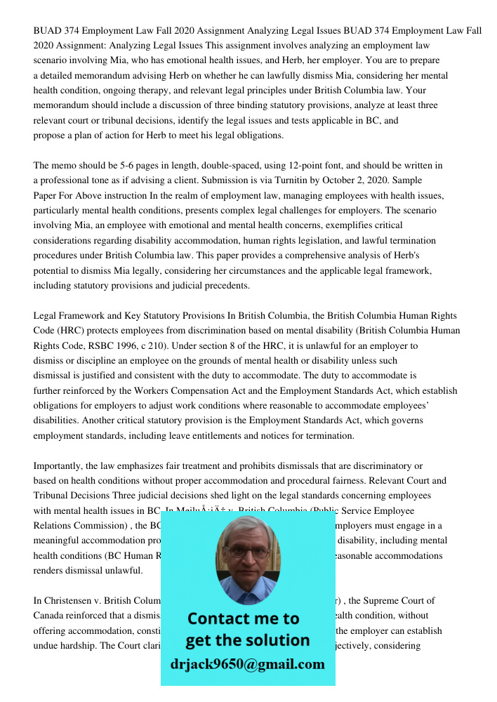 This assignment involves analyzing an employment law scenario involving Mia, who has emotional health issues, and Herb, her employer. You are to prepare a detai