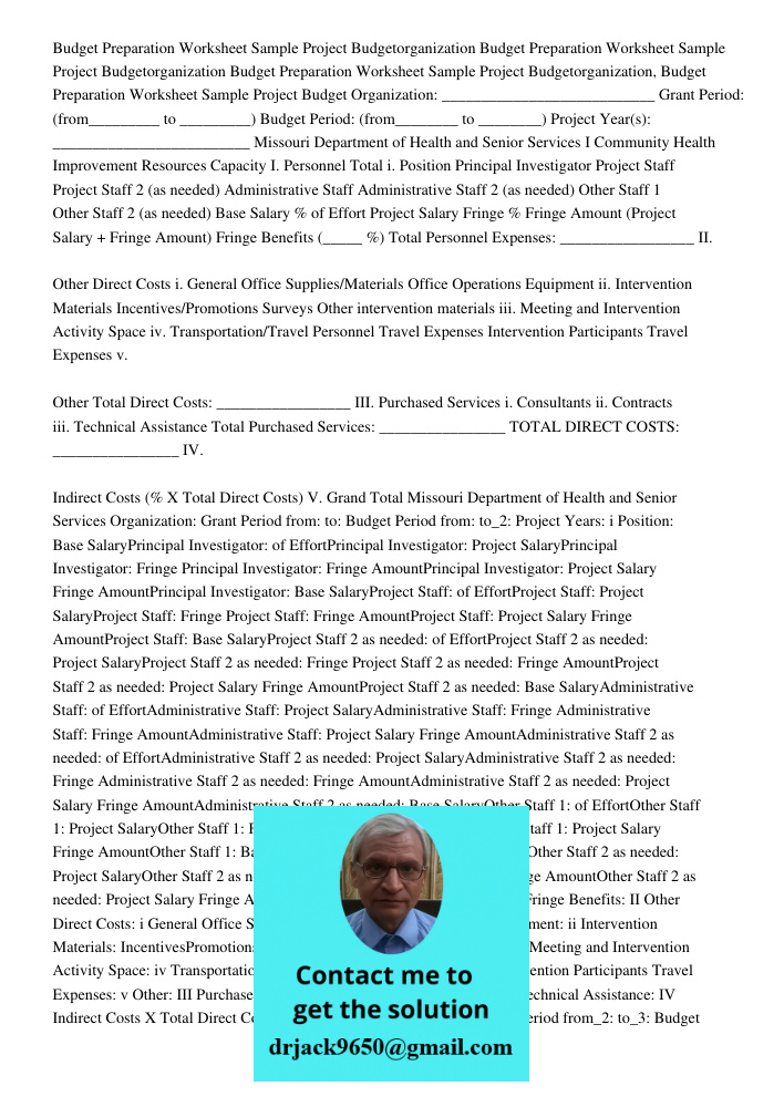 Budget Preparation Worksheet Sample Project Budgetorganization, Budget Preparation Worksheet Sample Project Budget Organization: ___________________________ Gra