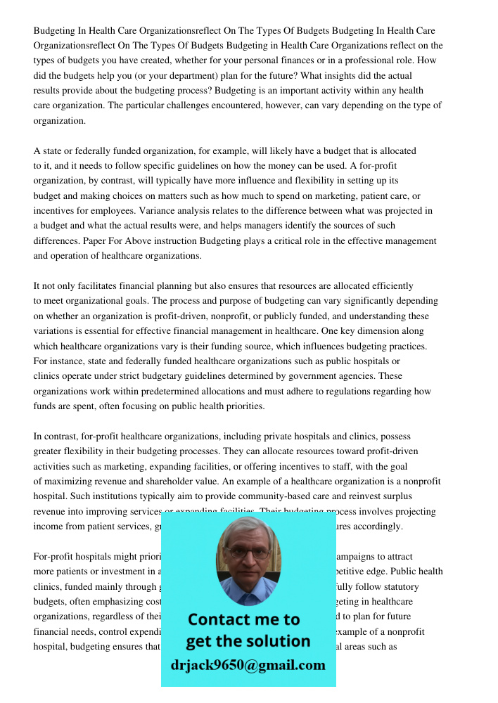 Budgeting in Health Care Organizations reflect on the types of budgets you have created, whether for your personal finances or in a professional role. How did t