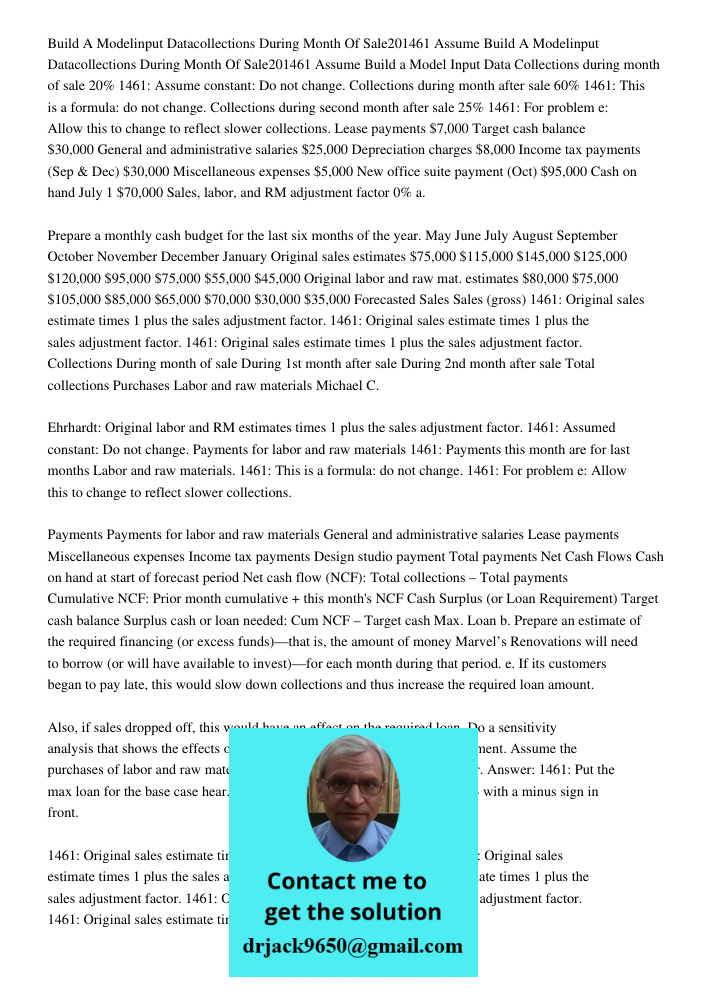 Build a Model Input Data Collections during month of sale 20% 1461: Assume constant: Do not change. Collections during month after sale 60% 1461: This is a form
