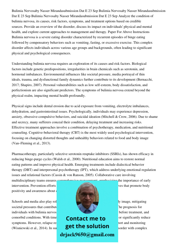 Bulimia Nervosaby Nasser Mirandasubmission Dat E 23 Sep 2017 06 Analyze the condition of bulimia nervosa, its causes, risk factors, symptoms, and treatment opti