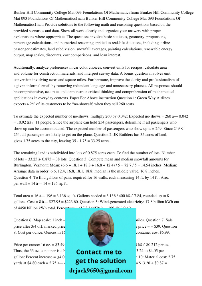 Bunker Hill Community College Mat 093 Foundations Of Mathematics1nam Provide solutions to the following math and reasoning questions based on the provided scena