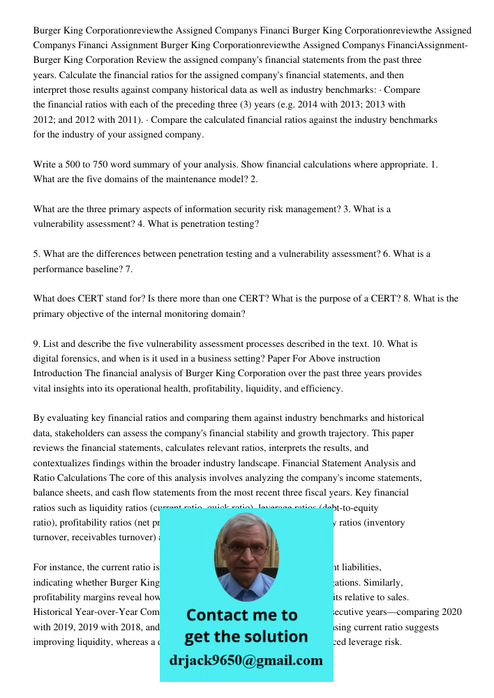 Assignment Burger King Corporationreviewthe Assigned Companys FinanciAssignment-Burger King Corporation Review the assigned company's financial statements from 