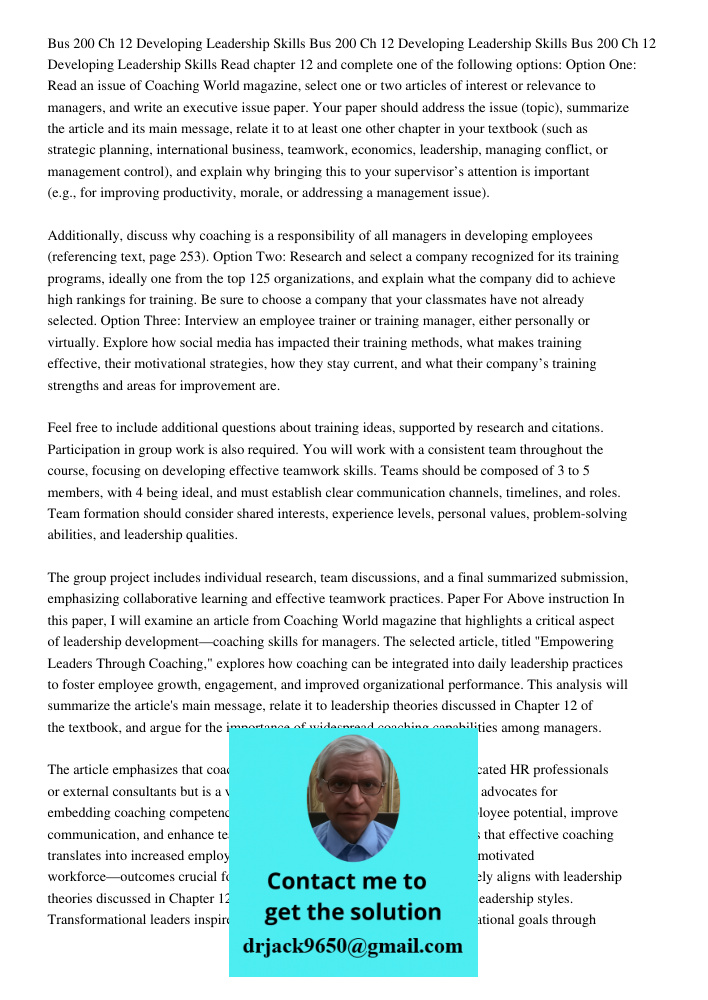 Bus 200 Ch 12 Developing Leadership Skills Read chapter 12 and complete one of the following options: Option One: Read an issue of Coaching World magazine, sele