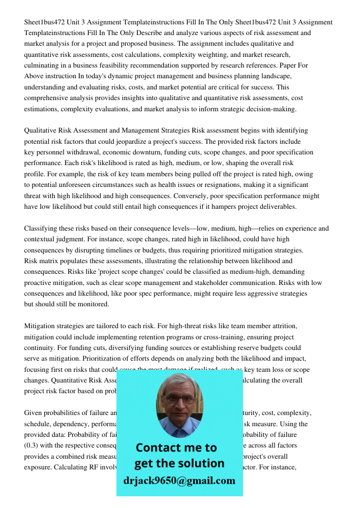 Describe and analyze various aspects of risk assessment and market analysis for a project and proposed business. The assignment includes qualitative and quantit