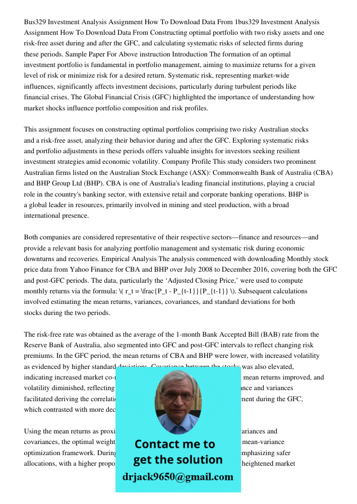 Constructing optimal portfolio with two risky assets and one risk-free asset during and after the GFC, and calculating systematic risks of selected firms during