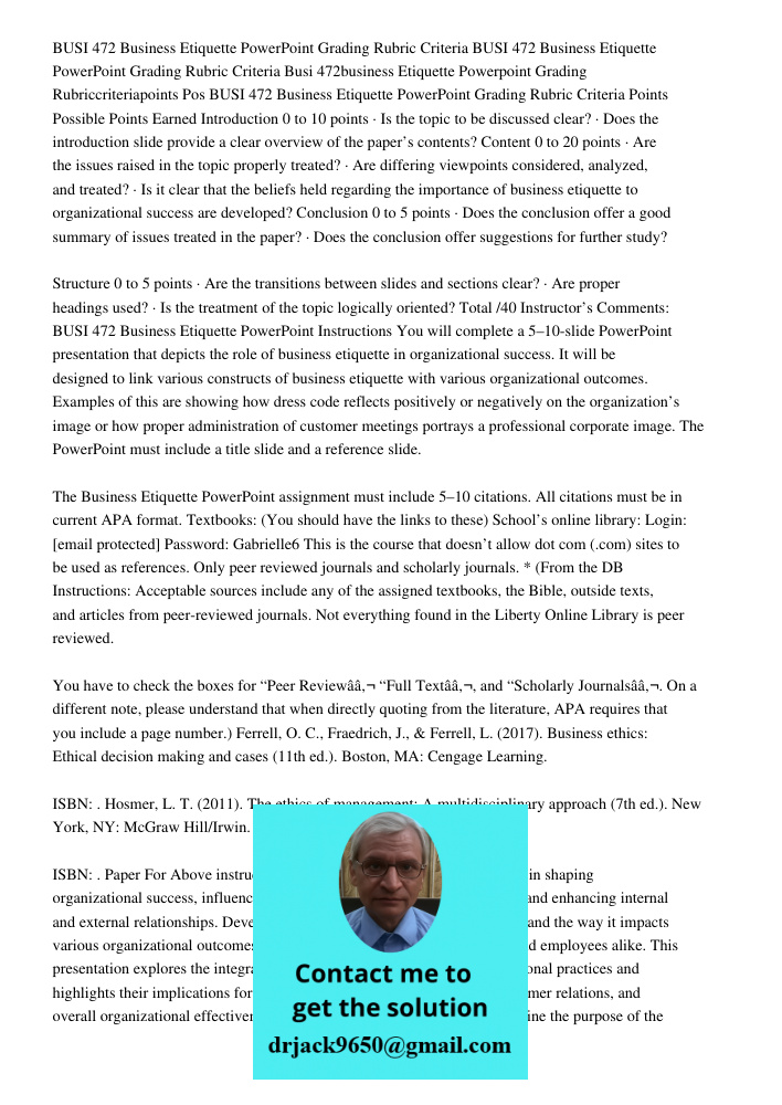 Busi 472business Etiquette Powerpoint Grading Rubriccriteriapoints Pos BUSI 472 Business Etiquette PowerPoint Grading Rubric Criteria Points Possible Points Ear