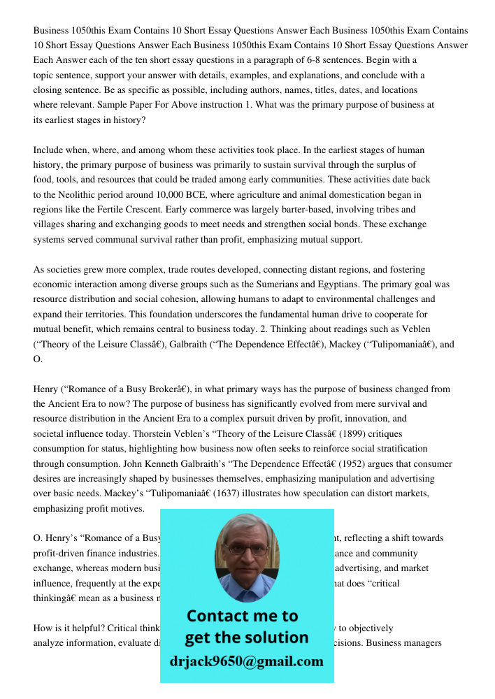 Business 1050this Exam Contains 10 Short Essay Questions Answer Each Answer each of the ten short essay questions in a paragraph of 6-8 sentences. Begin with a 