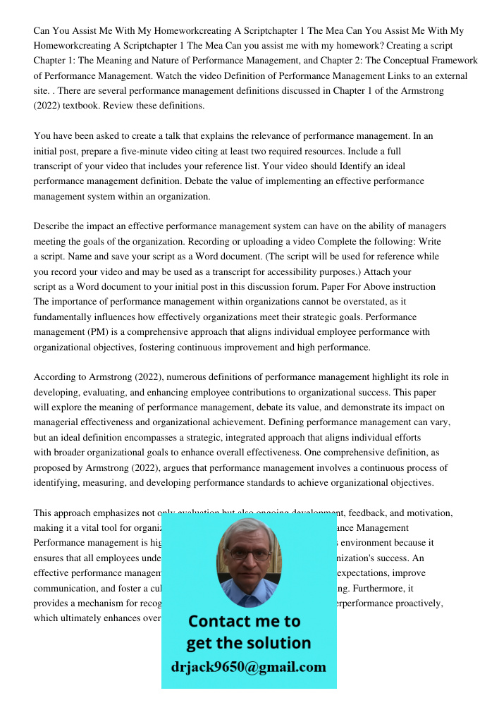 Can you assist me with my homework? Creating a script Chapter 1: The Meaning and Nature of Performance Management, and Chapter 2: The Conceptual Framework of Pe