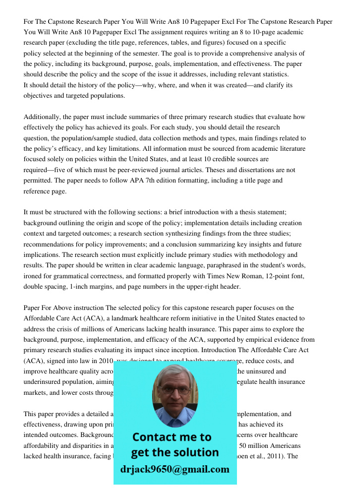 The assignment requires writing an 8 to 10-page academic research paper (excluding the title page, references, tables, and figures) focused on a specific policy