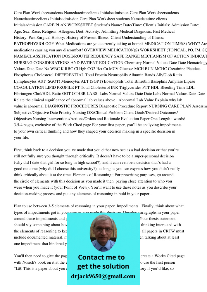 Care Plan Worksheet students Namedatetime clients Initialsadmission CARE PLAN WORKSHEET Student’s Name: Date/Time: Client’s Initials: Admission Date: Age: Sex: 