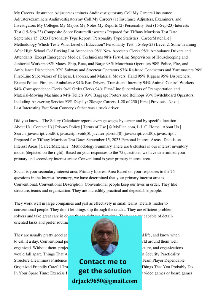 My Careers (1) Insurance Adjusters, Examiners, and Investigators My Colleges My Majors My Notes My Reports (2) Personality Test (15-Sep-23) Interests Test (15-S