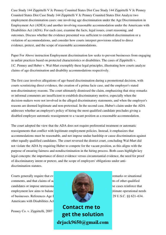 Case Study 144 Zippittelli V Jc Penney Counited States Dist Analyze two employment discrimination cases: one involving age discrimination under the Age Discrimi