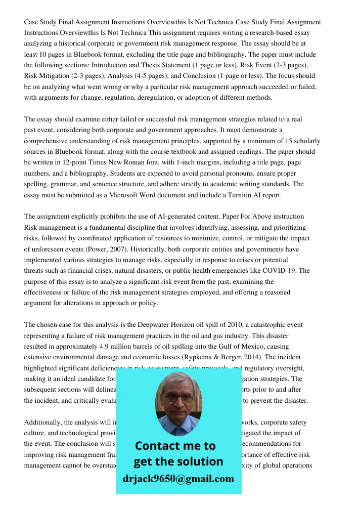 This assignment requires writing a research-based essay analyzing a historical corporate or government risk management response. The essay should be at least 10