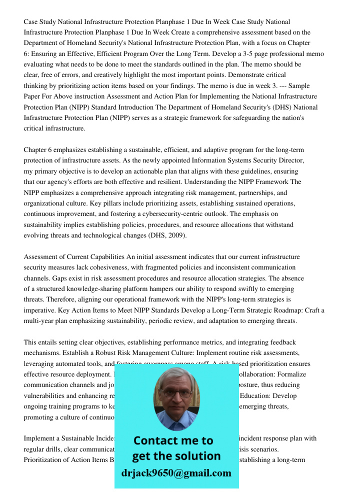 Create a comprehensive assessment based on the Department of Homeland Security's National Infrastructure Protection Plan, with a focus on Chapter 6: Ensuring an