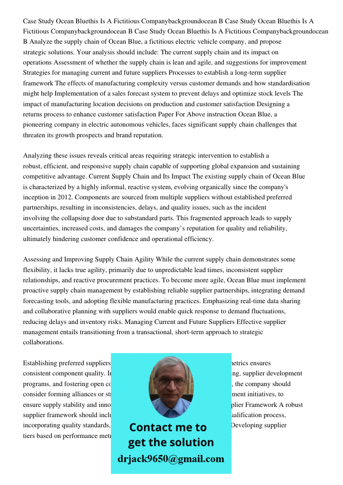Case Study Ocean Bluethis Is A Fictitious Companybackgroundocean B Analyze the supply chain of Ocean Blue, a fictitious electric vehicle company, and propose st