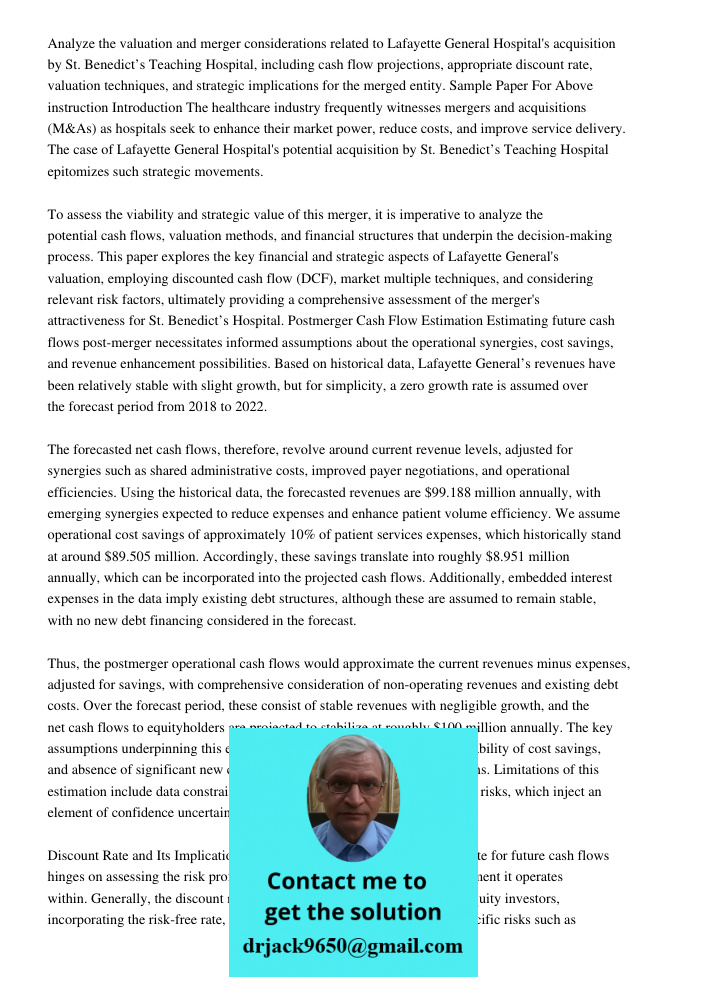 Analyze the valuation and merger considerations related to Lafayette General Hospital's acquisition by St. Benedict’s Teaching Hospital, including cash flow pro