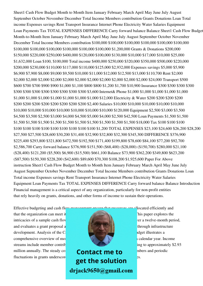 Paper For Above instruction Sheet1 Cash Flow Budget Month to Month Item January February March April May June July August September October November December To