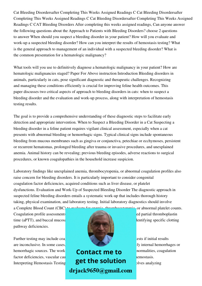 Cat Bleeding Disordersafter Completing This Weeks Assigned Readings C CAT Bleeding Disorders After completing this weeks assigned readings, Can anyone answer th