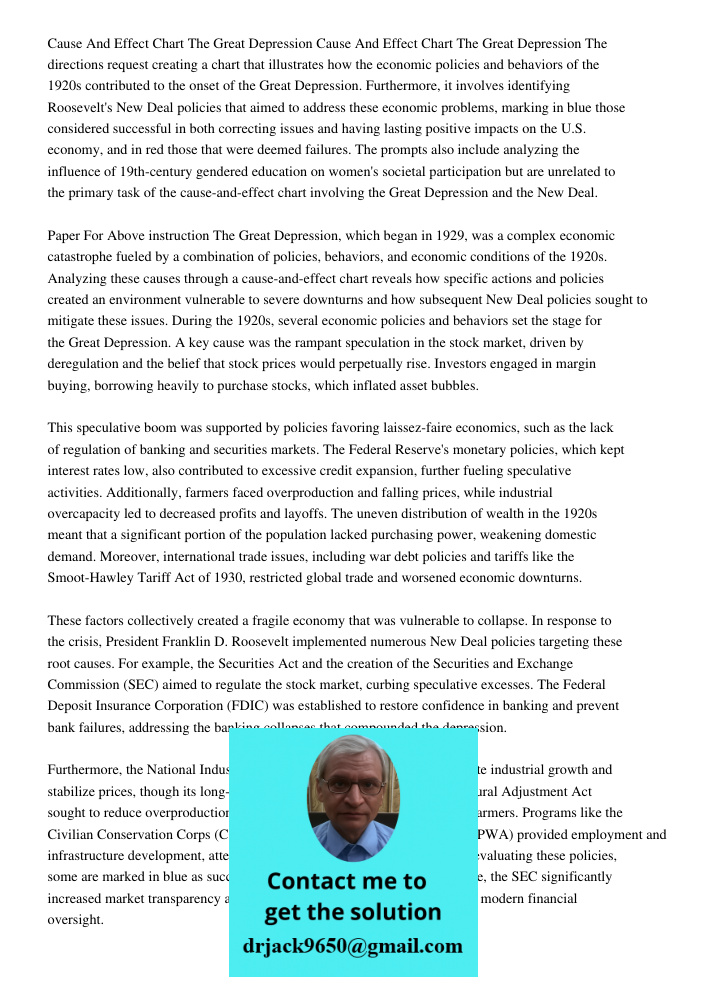 The directions request creating a chart that illustrates how the economic policies and behaviors of the 1920s contributed to the onset of the Great Depression. 