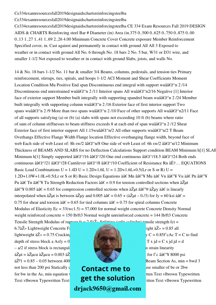 Ce334examresourcesfall2019designaidschartsreinforcingsteelba CE 334 Exam Resources Fall 2019 DESIGN AIDS & CHARTS Reinforcing steel Bar # Diameter (in) Area (in