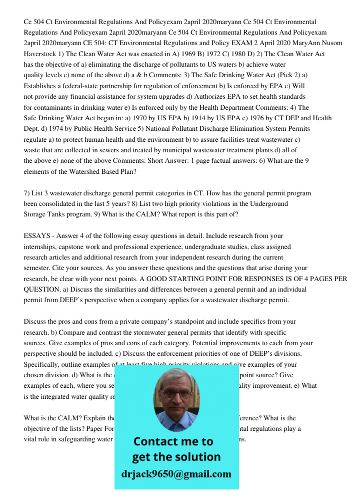 Ce 504 Ct Environmental Regulations And Policyexam 2april 2020maryann CE 504: CT Environmental Regulations and Policy EXAM 2 April 2020 MaryAnn Nusom Haverstock