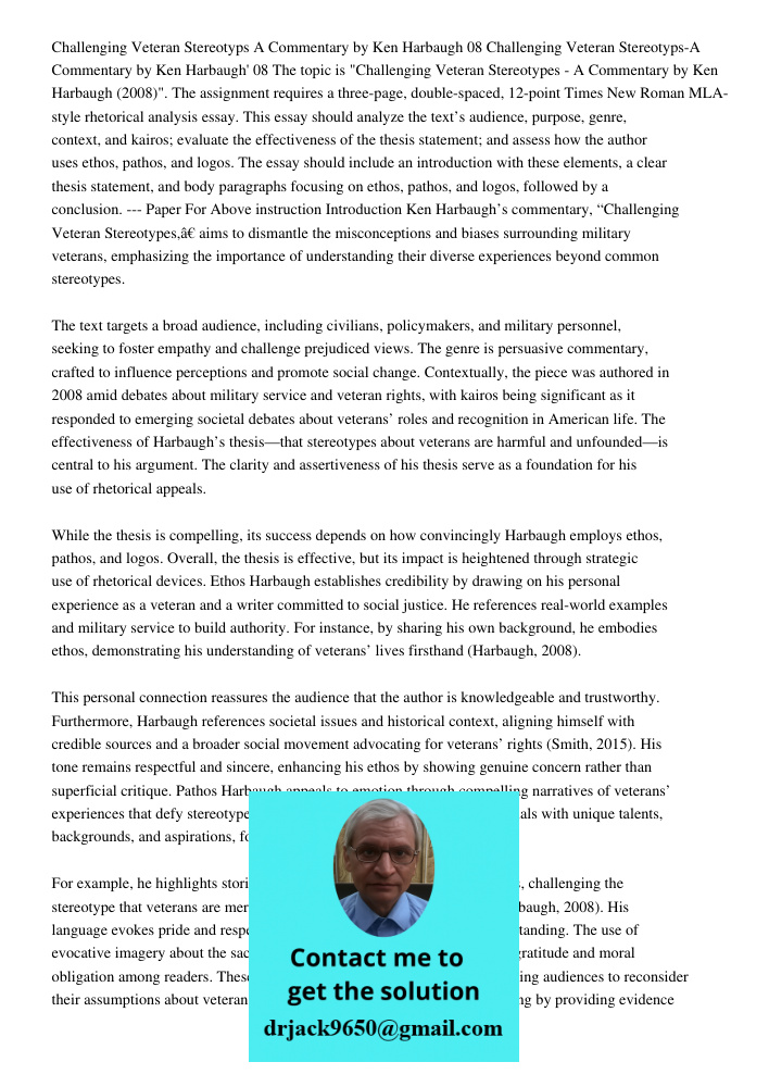 The topic is "Challenging Veteran Stereotypes - A Commentary by Ken Harbaugh (2008)". The assignment requires a three-page, double-spaced, 12-point Times New Ro